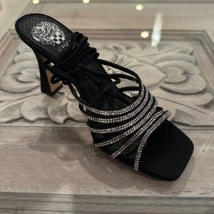 New Women's Black + Silver Rhinestone Strap Heels